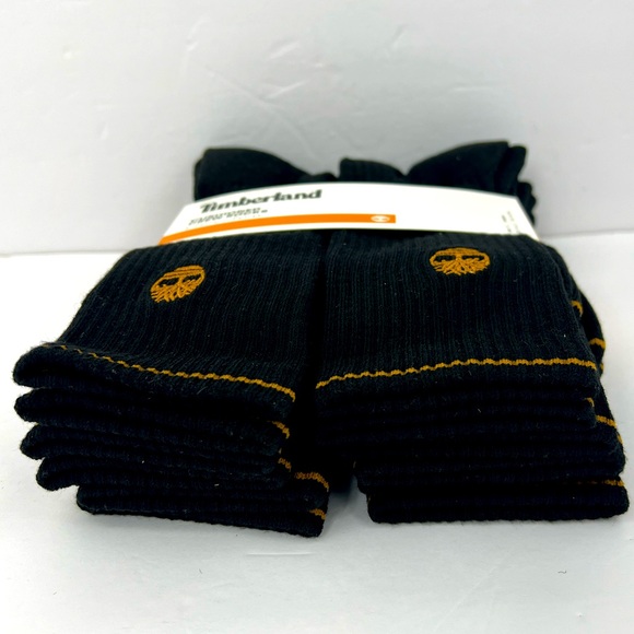 TIMBERLAND, CUSHIONED CREW SOCKS, SIX PAIRS, MEN’S BLACK WITH ORANGE LOGO - Picture 14 of 16